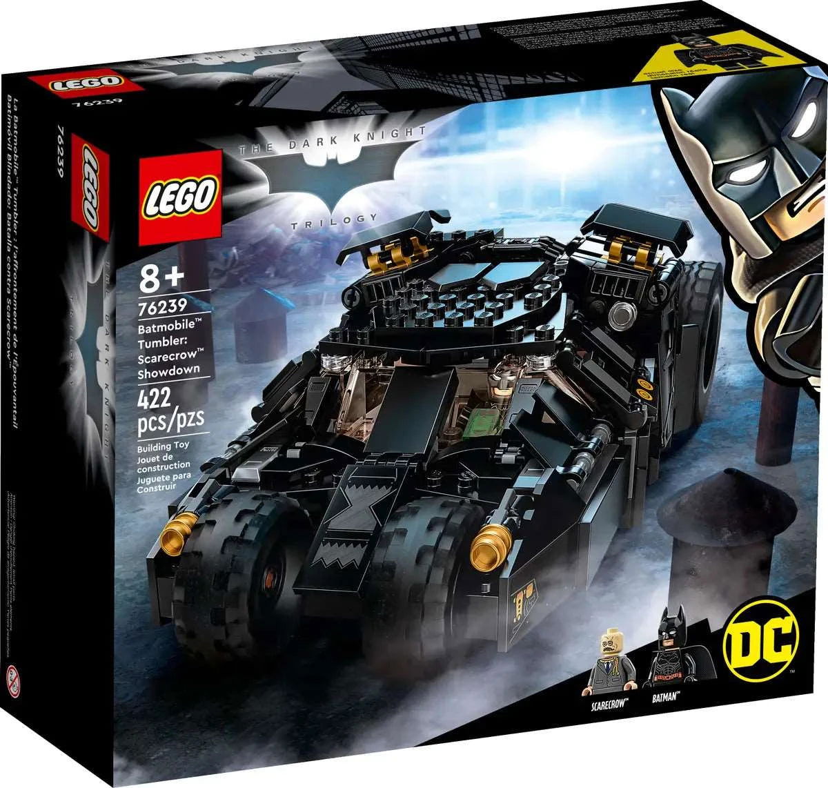 LEGO DC Comics Batmobile Tumbler Scarecrow Showdown 76239, featuring buildable vehicle with Batman and Scarecrow minifigures.