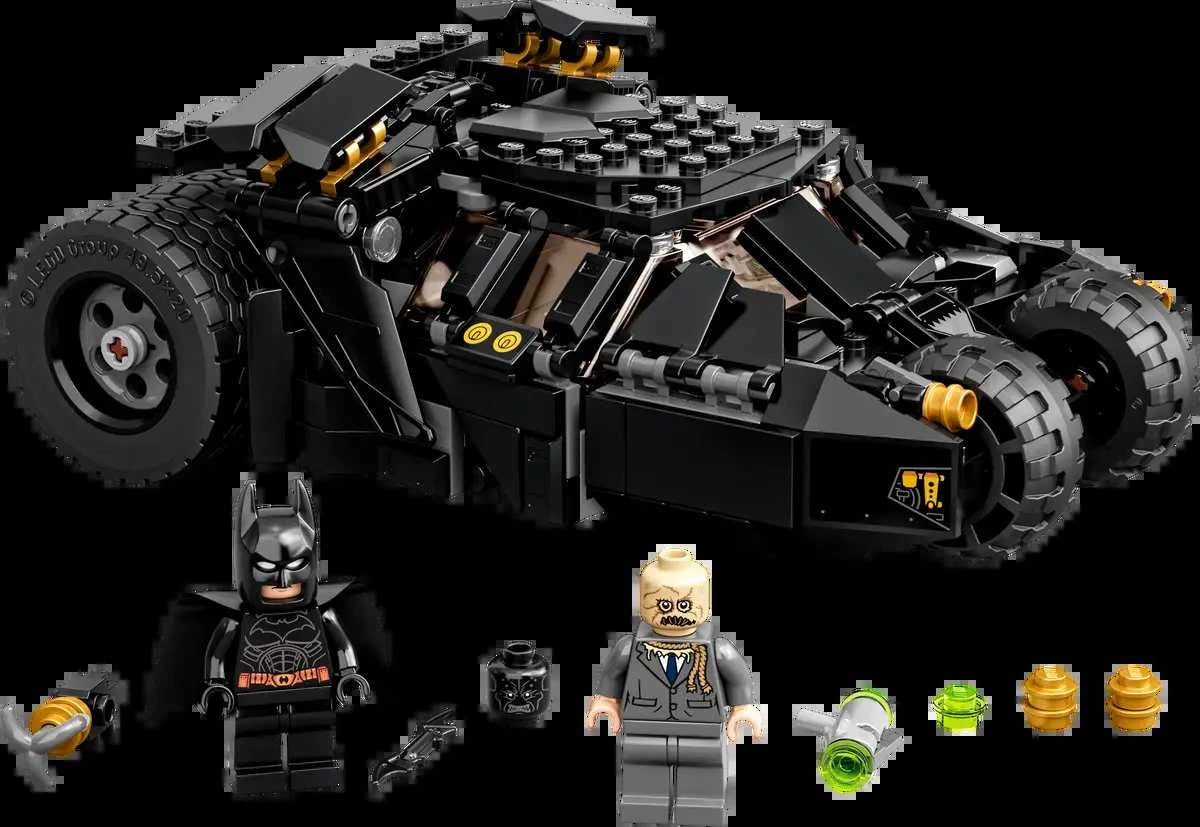LEGO DC Comics Batmobile Tumbler Scarecrow Showdown 76239 set with Batman and Scarecrow minifigures.