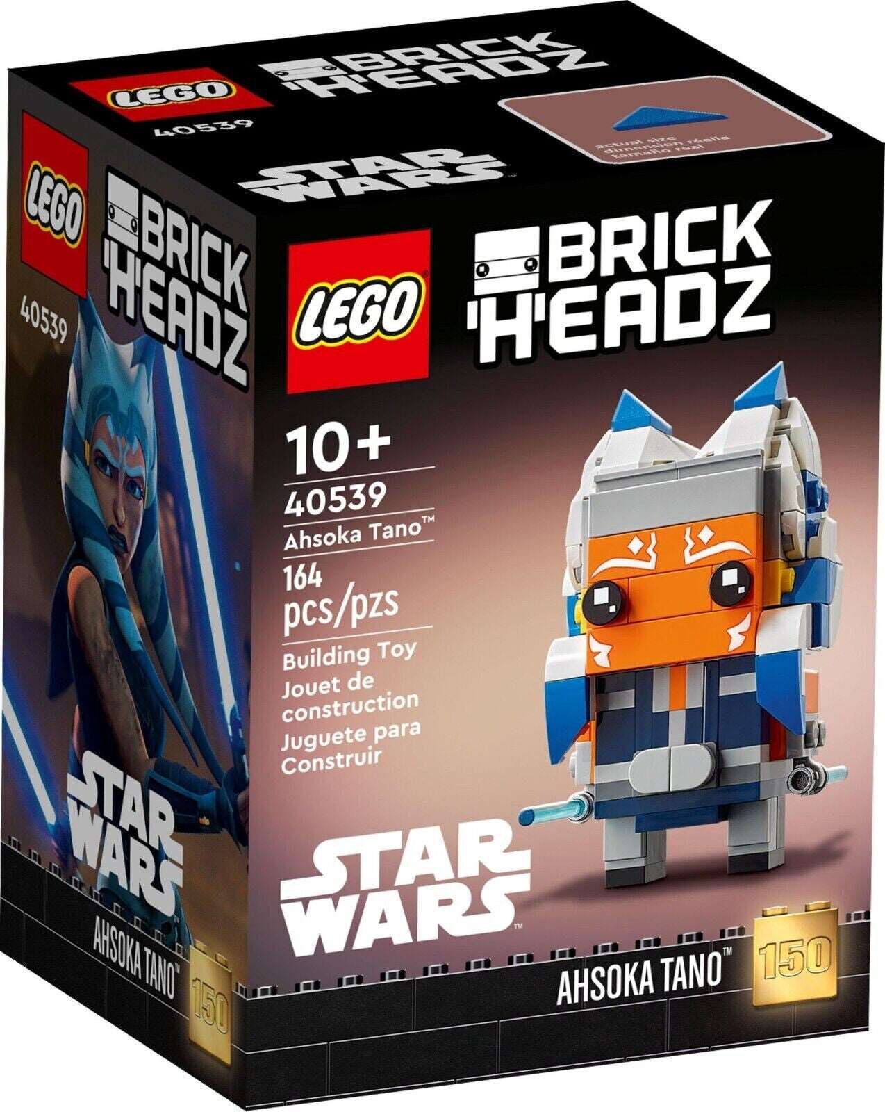 LEGO Star Wars 40539 Brickheadz Ahsoka Tano buildable figure with blue lightsabers on box.