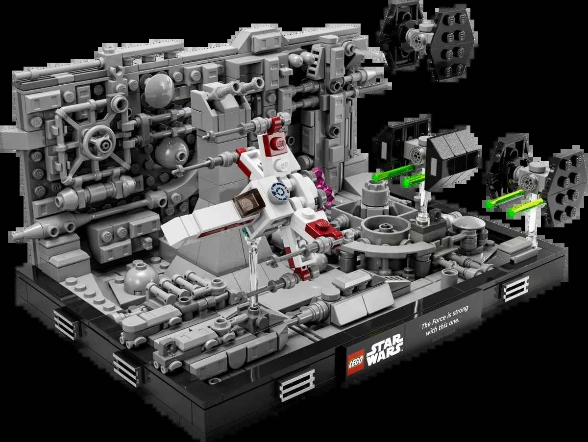 LEGO Star Wars Death Star Trench Run Diorama 75329 set featuring detailed Death Star trench scene with TIE Fighters and X-Wing.