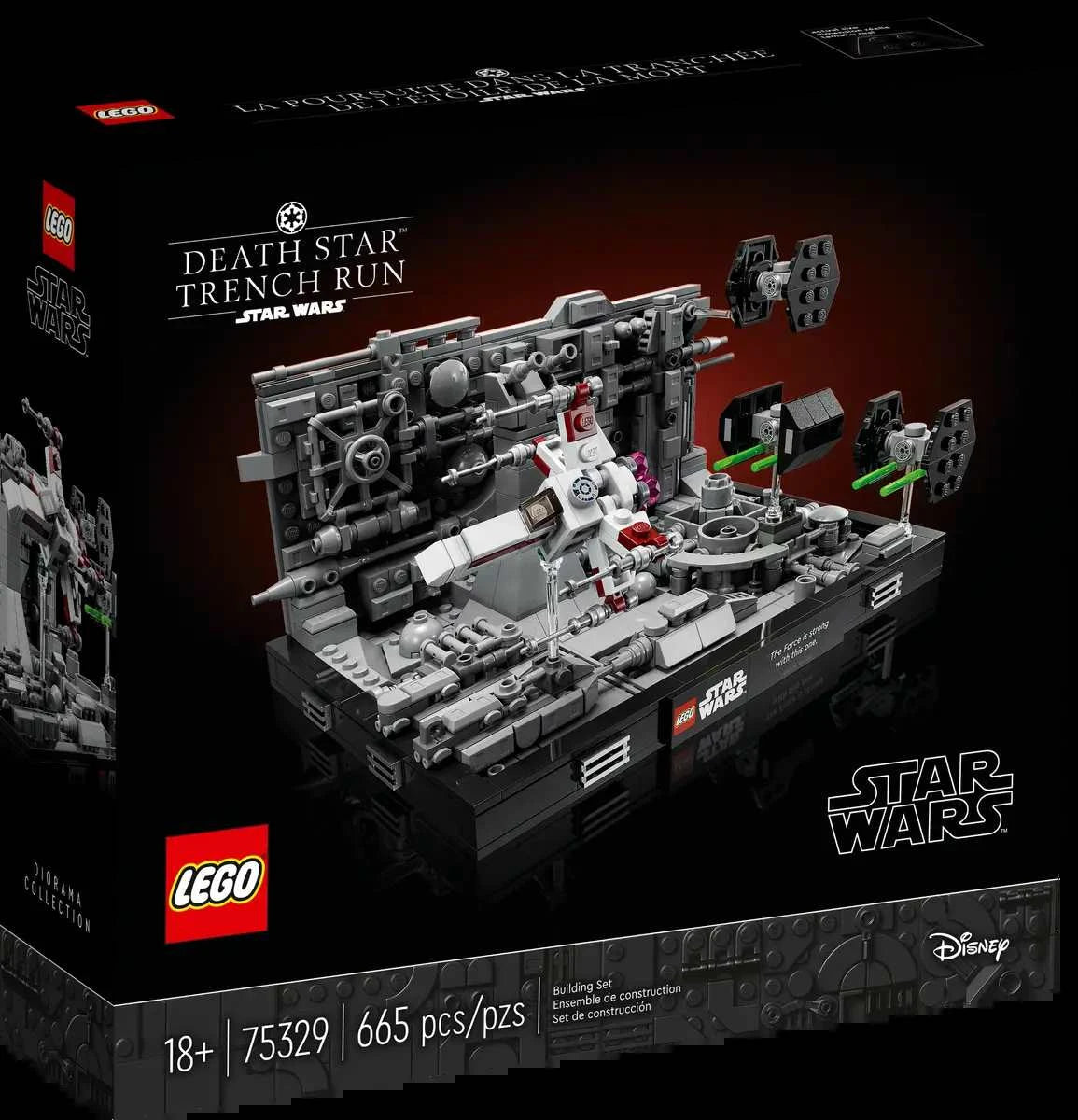 LEGO Star Wars Death Star Trench Run Diorama 75329 set with 665 pieces and display plaque.