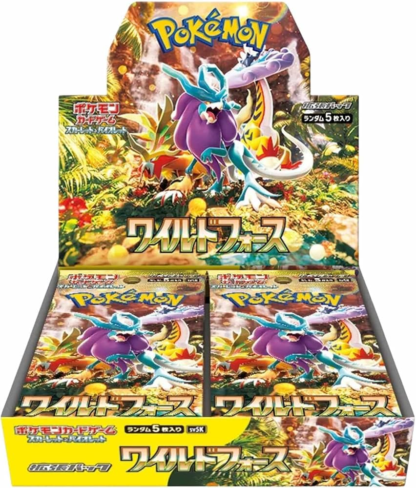 Pokémon Wild Force Japanese Booster Box SV5K featuring vibrant artwork with powerful Pokémon cards, includes 30 packs with secret rares.