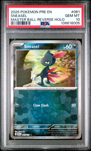 2025 Pokémon English Prismatic Evolutions #061 Sneasel Master Ball Reverse Holo PSA 10