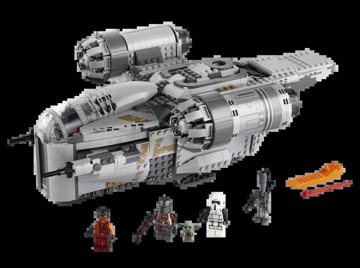 LEGO Star Wars The Razor Crest 75292 set with The Mandalorian, Greef Karga, Scout Trooper, Grogu, and IG-11 minifigures.