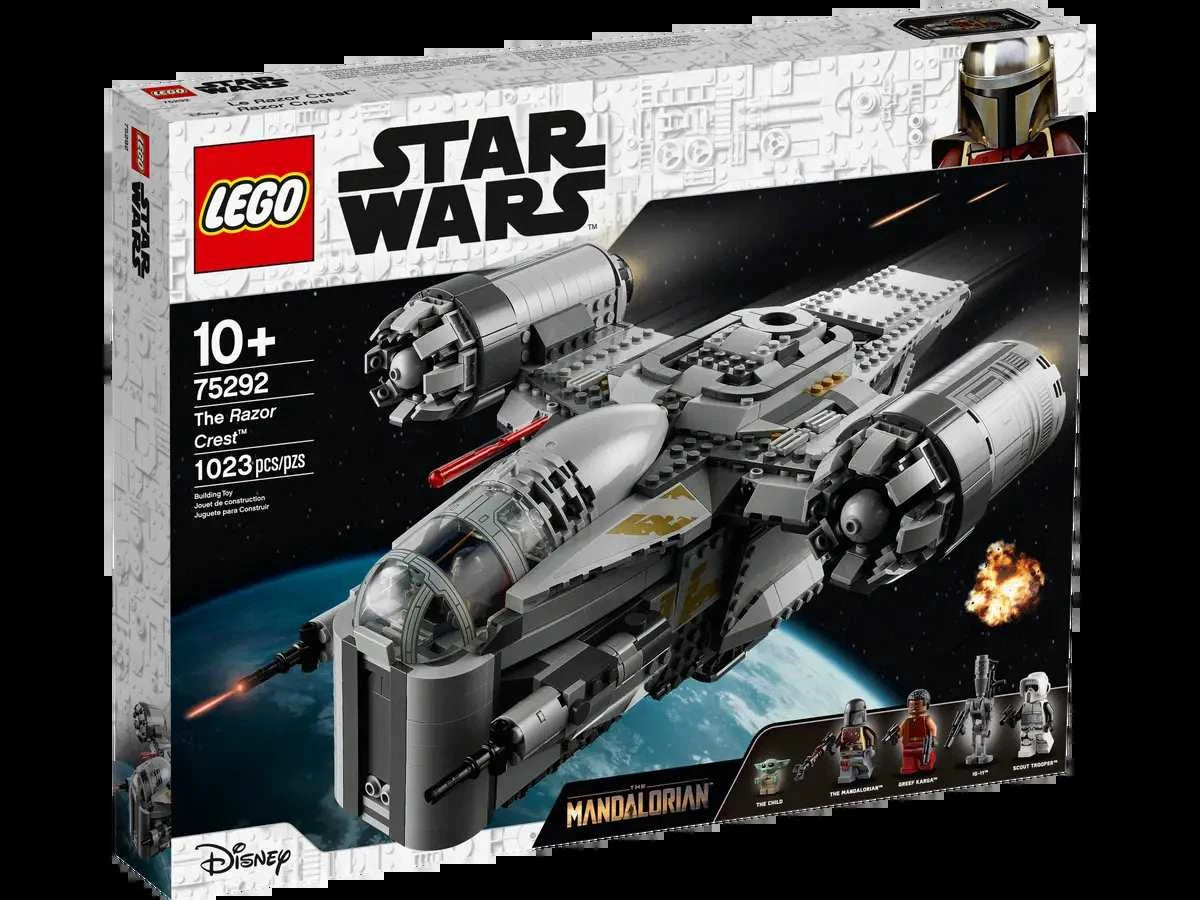 LEGO Star Wars The Razor Crest 75292 set with minifigures and detailed spaceship model.