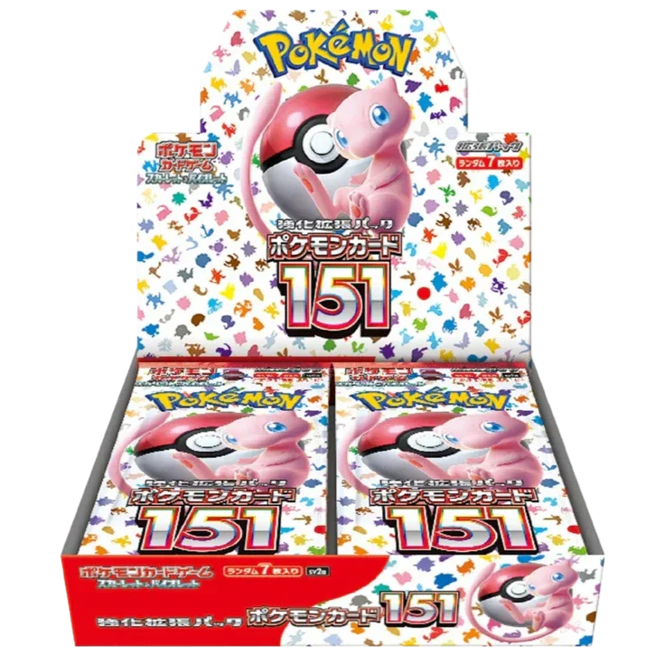 Pokémon 151 Japanese Booster Box SV2a featuring Mew artwork, includes 20 packs of nostalgic Kanto Pokémon cards.